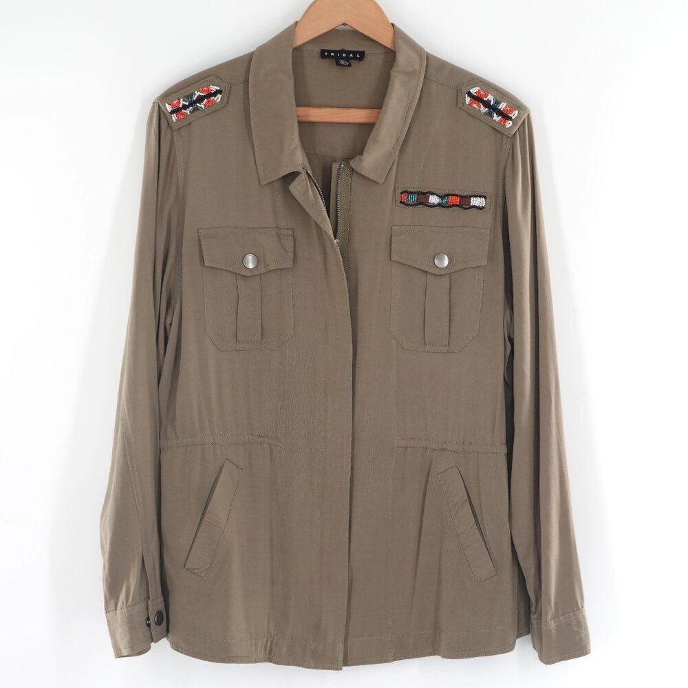 Beaded Long Sleeve Zip Front Cinch Waist Lightweight Shirt Jacket